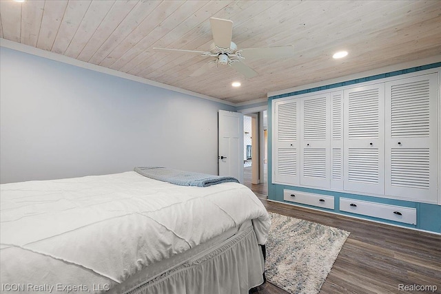8569 Cooley Beach Dr, White Lake, MI 48386 - bedroom with wood ceiling, recessed lighting, crown molding, wood finished floors, and ceiling fan