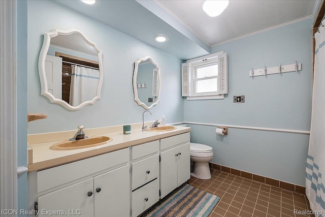 8569 Cooley Beach Dr, White Lake, MI 48386 - full bath featuring double vanity, crown molding, toilet, tile patterned flooring, and baseboards