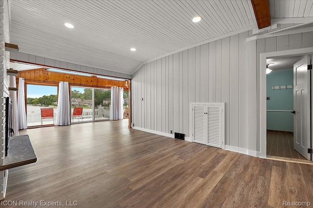 8569 Cooley Beach Dr, White Lake, MI 48386 - unfurnished living room with wood finished floors, vaulted ceiling, wood ceiling, wooden walls, and baseboards