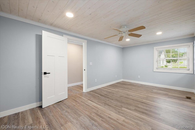 8569 Cooley Beach Dr, White Lake, MI 48386 - unfurnished room featuring wooden ceiling, ceiling fan, recessed lighting, ornamental molding, and light wood-style floors