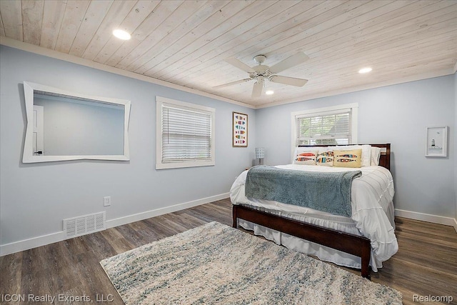 8569 Cooley Beach Dr, White Lake, MI 48386 - bedroom featuring wooden ceiling, recessed lighting, baseboards, wood finished floors, and a ceiling fan