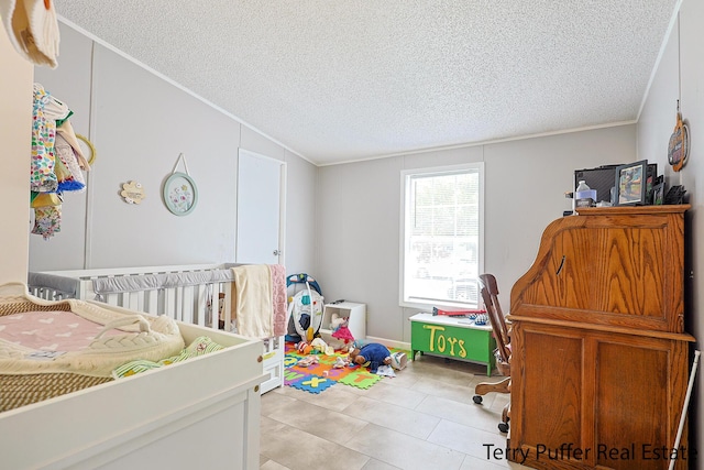 1281 E Pontaluna Rd Lot 113, Norton Shores, MI 49456 - bedroom with ornamental molding, a textured ceiling, and light tile patterned floors