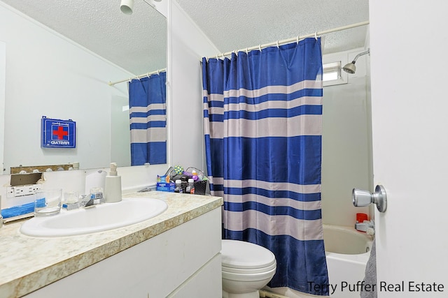 1281 E Pontaluna Rd Lot 113, Norton Shores, MI 49456 - bathroom featuring a textured ceiling, vanity, toilet, and shower / tub combo