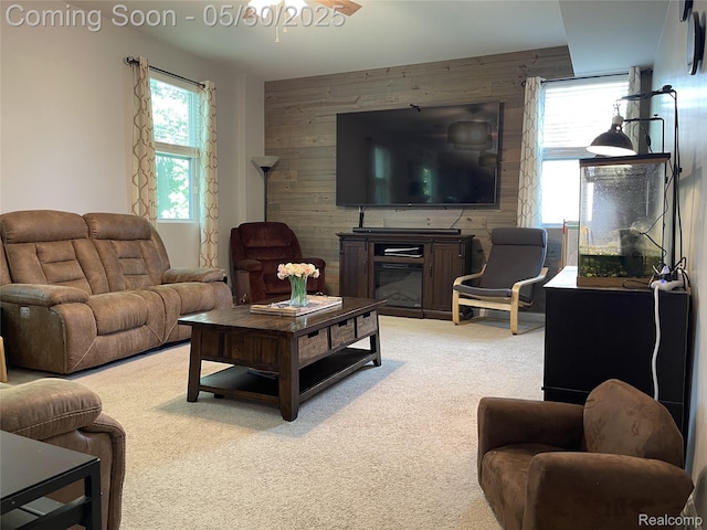 33500 Birchlawn, Westland, MI 48185 - carpeted living area featuring wooden walls and a glass covered fireplace