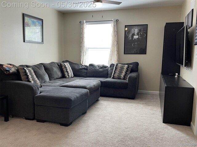 33500 Birchlawn, Westland, MI 48185 - living room featuring light carpet, ceiling fan, and baseboards