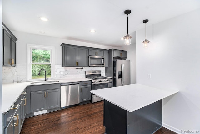 1508 Gardenia Ave, Royal Oak, MI 48067 - kitchen featuring appliances with stainless steel finishes, a sink, a peninsula, dark wood-style floors, and tasteful backsplash