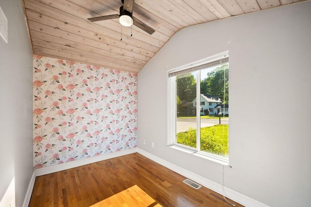 4530 Douglas Ter, Coloma, MI 49038 - empty room featuring wooden ceiling, wood finished floors, baseboards, vaulted ceiling, and ceiling fan