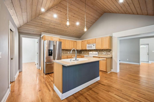 4530 Douglas Ter, Coloma, MI 49038 - kitchen with white appliances, light brown cabinetry, wood ceiling, a sink, and light wood-type flooring