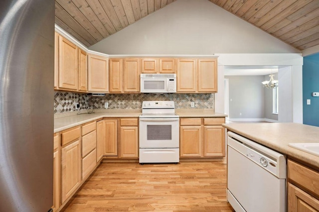 4530 Douglas Ter, Coloma, MI 49038 - kitchen featuring white appliances, light brown cabinets, a chandelier, light wood finished floors, and wooden ceiling