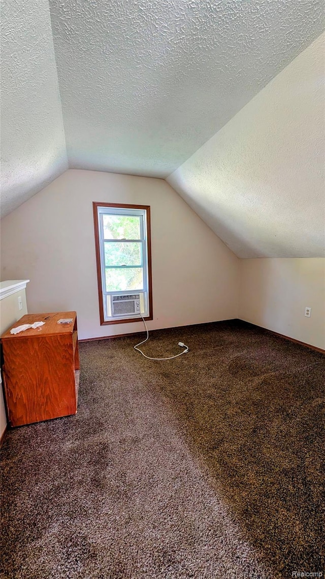 703 Queen St, Owosso, MI 48867 - additional living space with vaulted ceiling, a textured ceiling, carpet floors, and cooling unit