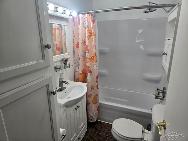 425 Wright St, Breckenridge, MI 48615 - full bathroom featuring vanity, shower / bathtub combination with curtain, stone finish floors, and toilet