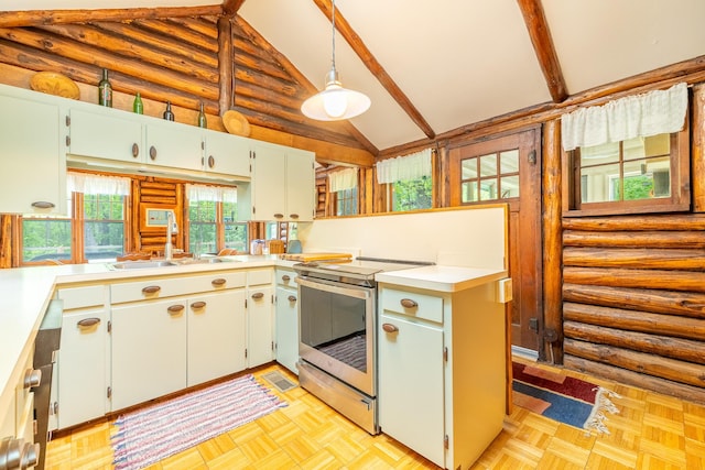 5436 Strawberry Lake Rd, Whitmore Lake, MI 48189 - kitchen with stainless steel range with electric stovetop, a sink, log walls, light countertops, and a peninsula