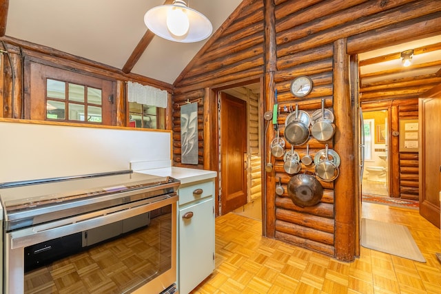 5436 Strawberry Lake Rd, Whitmore Lake, MI 48189 - kitchen with electric range, log walls, lofted ceiling, and light countertops