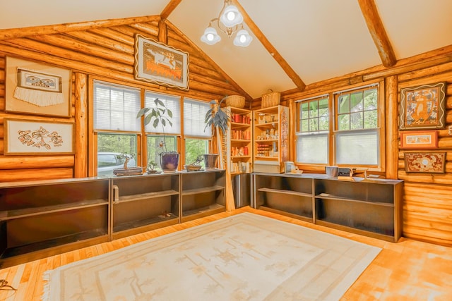 5436 Strawberry Lake Rd, Whitmore Lake, MI 48189 - unfurnished office featuring rustic walls, wood finished floors, and high vaulted ceiling