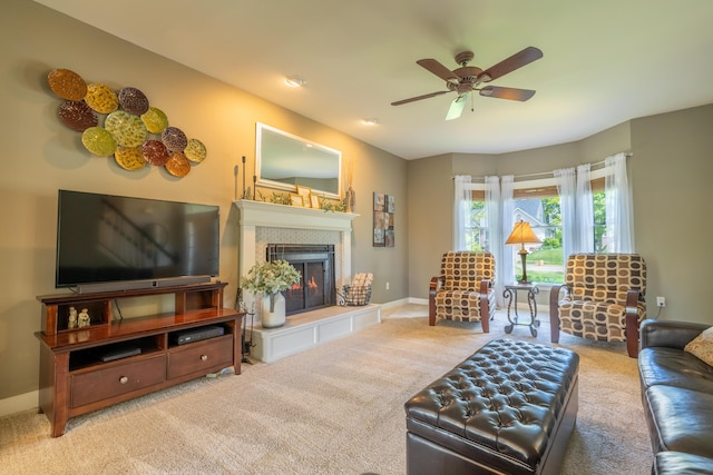 1050 Long Leaf Ct, Brighton, MI 48116 - carpeted living room featuring ceiling fan, a lit fireplace, and baseboards