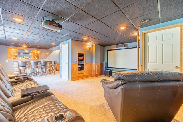 1050 Long Leaf Ct, Brighton, MI 48116 - carpeted home theater with a dry bar, wainscoting, a drop ceiling, and recessed lighting