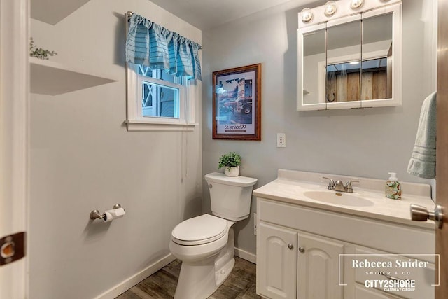 9409 Whitneyville Ave SE, Alto, MI 49302 - bathroom with toilet, baseboards, vanity, and wood finished floors