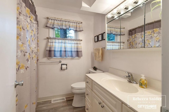 9409 Whitneyville Ave SE, Alto, MI 49302 - full bath featuring vanity, toilet, wood finished floors, and baseboards