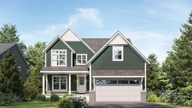 8834 Northern Ave, Plymouth, MI 48170 - view of front facade featuring asphalt driveway, an attached garage, board and batten siding, covered porch, and roof with shingles