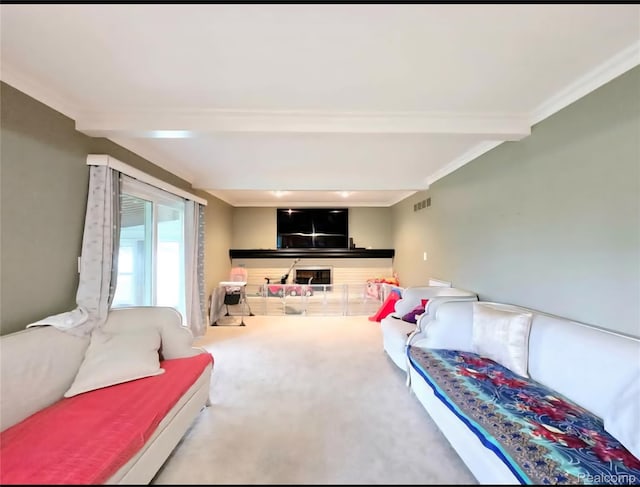 31929 Cambridge Dr, Clinton Township, MI 48093 - carpeted living area with beamed ceiling and ornamental molding