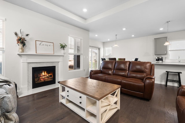 2771 Silo Dr, Saline, MI 48176 - living room featuring a fireplace, dark wood finished floors, and recessed lighting