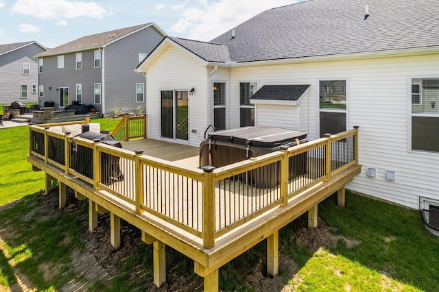 2771 Silo Dr, Saline, MI 48176 - rear view of house with a hot tub, a wooden deck, roof with shingles, and a lawn