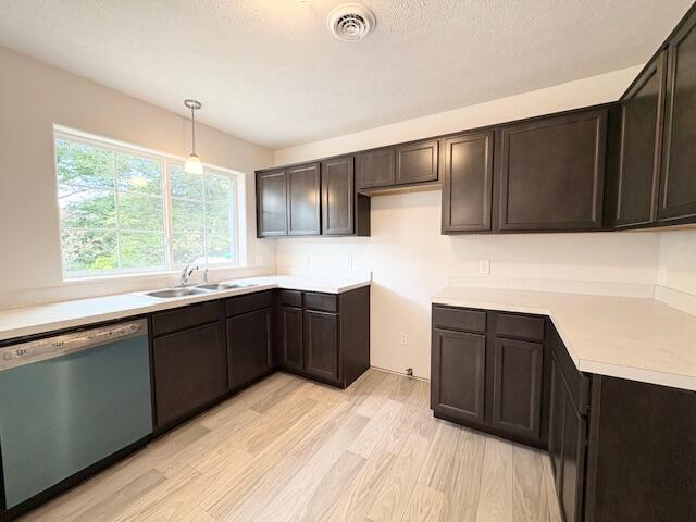 8121 Bowens Mill Rd, Middleville, MI 49333 - kitchen featuring dishwasher, a sink, light wood-style flooring, dark brown cabinets, and decorative light fixtures