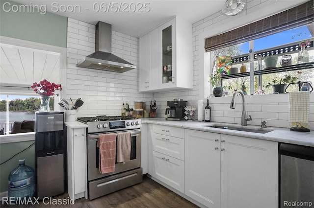 1072 Dunleavy Dr, Highland, MI 48356 - kitchen featuring appliances with stainless steel finishes, wall chimney range hood, a sink, light countertops, and decorative backsplash