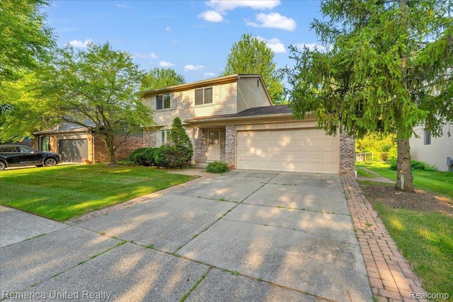 3455 Harmony Dr, Troy, MI 48083 - traditional home featuring driveway, a front lawn, a garage, and brick siding