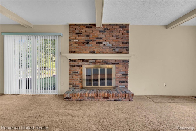 3455 Harmony Dr, Troy, MI 48083 - unfurnished living room with beam ceiling, carpet floors, a brick fireplace, and a textured ceiling