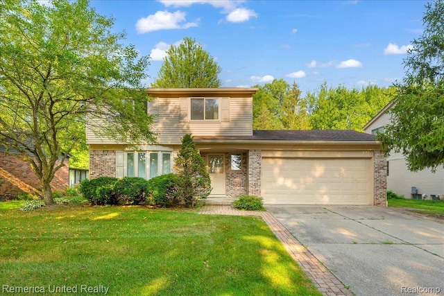 3455 Harmony Dr, Troy, MI 48083 - view of front of home with driveway, brick siding, a garage, and a front lawn