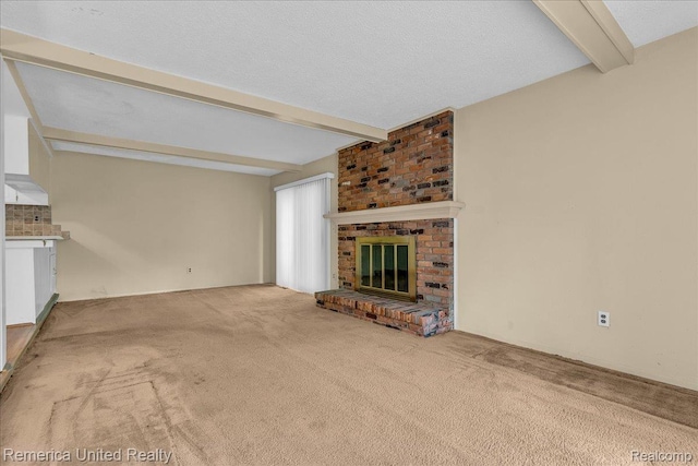 3455 Harmony Dr, Troy, MI 48083 - unfurnished living room featuring beam ceiling, carpet floors, and a fireplace