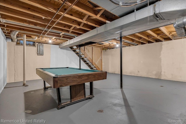 3455 Harmony Dr, Troy, MI 48083 - below grade area featuring pool table, stairway, and electric panel