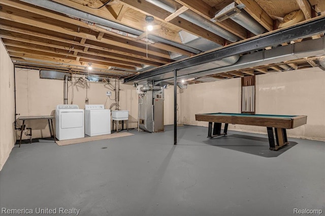 3455 Harmony Dr, Troy, MI 48083 - unfinished below grade area with separate washer and dryer, heating unit, and billiards