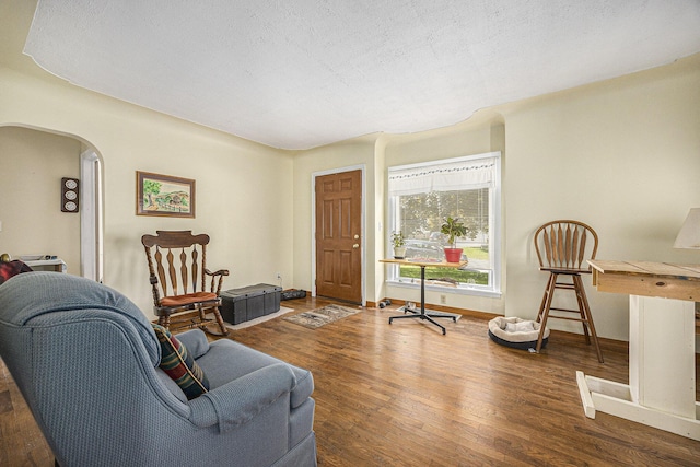 537 Wolverine Dr NE, Grand Rapids, MI 49505 - living room featuring arched walkways, wood finished floors, baseboards, and a textured ceiling