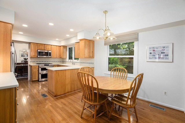 3509 Sulgrave Pl, Ann Arbor, MI 48105 - kitchen featuring stainless steel appliances, a chandelier, light wood-type flooring, tasteful backsplash, and a peninsula