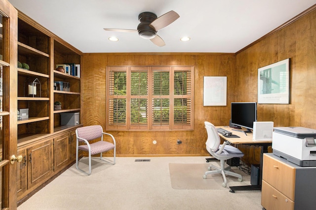 3509 Sulgrave Pl, Ann Arbor, MI 48105 - office area featuring carpet floors, ceiling fan, wooden walls, baseboards, and recessed lighting