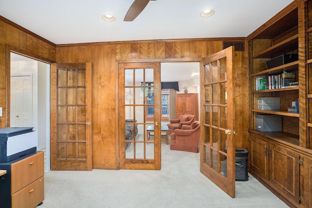 3509 Sulgrave Pl, Ann Arbor, MI 48105 - doorway to outside with french doors, light carpet, a ceiling fan, wooden walls, and crown molding