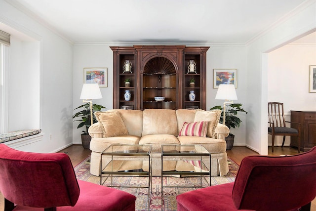 3509 Sulgrave Pl, Ann Arbor, MI 48105 - living area with wood finished floors, baseboards, and crown molding