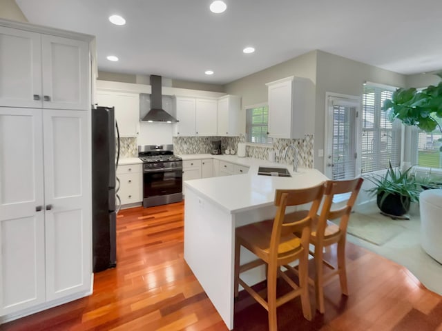 4315 Astoria Ave SE, Grand Rapids, MI 49512 - kitchen featuring wall chimney range hood, stainless steel gas range oven, freestanding refrigerator, light wood finished floors, and a sink