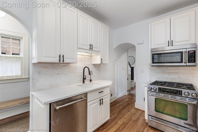1377 Bishop Rd, Grosse Pointe Park, MI 48230 - kitchen with arched walkways, appliances with stainless steel finishes, a sink, tasteful backsplash, and wood finished floors