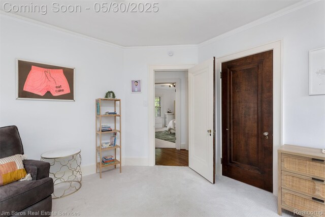 1377 Bishop Rd, Grosse Pointe Park, MI 48230 - living area featuring crown molding, carpet floors, and baseboards