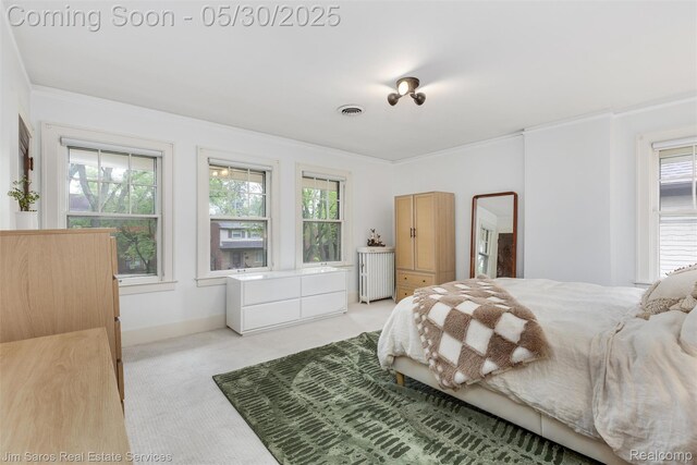 1377 Bishop Rd, Grosse Pointe Park, MI 48230 - bedroom with light carpet, multiple windows, ornamental molding, and baseboards