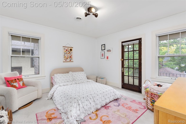 1377 Bishop Rd, Grosse Pointe Park, MI 48230 - bedroom featuring light carpet, ornamental molding, access to exterior, and baseboards