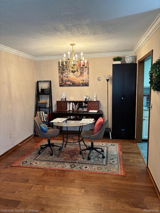 14764 Brewster Ct, Shelby Twp, MI 48315 - dining area featuring a chandelier, a textured ceiling, wood finished floors, crown molding, and a desk