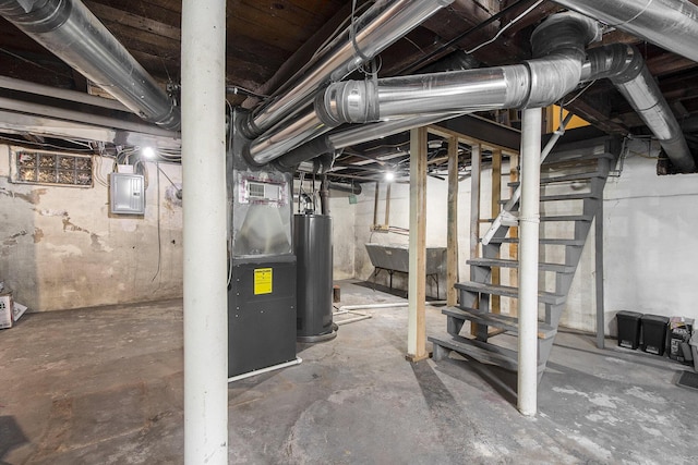 928 Baxter St SE, Grand Rapids, MI 49506 - unfinished below grade area with gas water heater, electric panel, stairs, and a sink