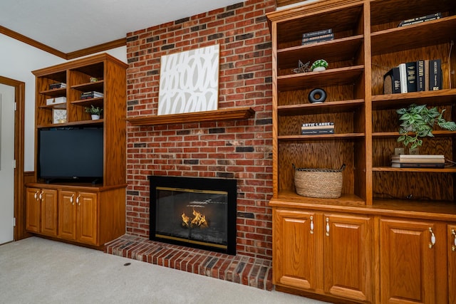 2184 Winters Way, Saint Joseph, MI 49085 - unfurnished living room featuring carpet, crown molding, and a fireplace