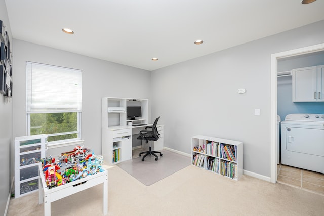 1743 Savannah Ln, Ypsilanti, MI 48198 - office area with washer / clothes dryer, light carpet, recessed lighting, and baseboards