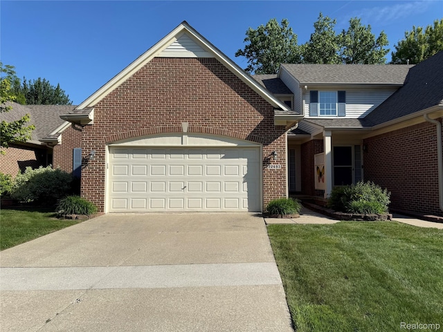 22693 Coachlight Cir, Taylor, MI 48180 - traditional-style house featuring brick siding, a garage, concrete driveway, a front yard, and a shingled roof