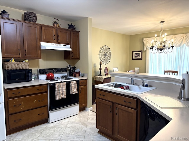 22693 Coachlight Cir, Taylor, MI 48180 - kitchen with black appliances, under cabinet range hood, a sink, light countertops, and light marble finish floors